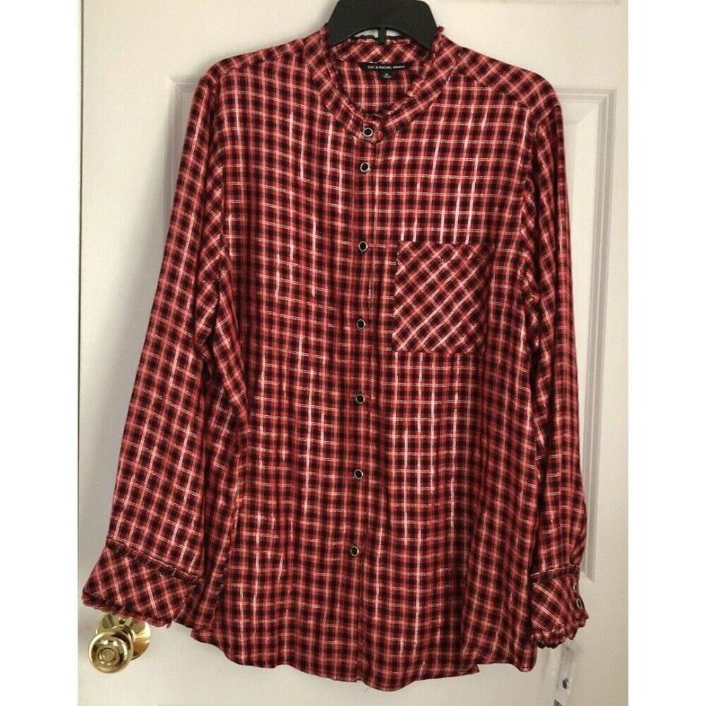ZAC & RACHEL WOMAN PLUS SIZE 1X TOP PLAID RUFFLE NECK BUTTON DOWN LONG SLEEVE